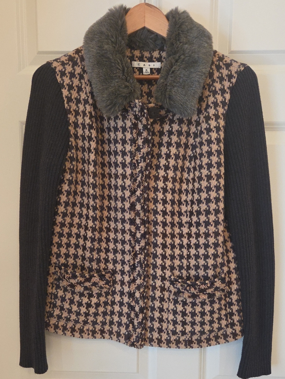 CAbi Houndstooth Blazer Jacket with Faux Fur Collar in Charcoal and Tan